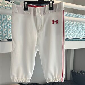 Under Armour Kids White with Red Piping baseball knickers that have been hemmed